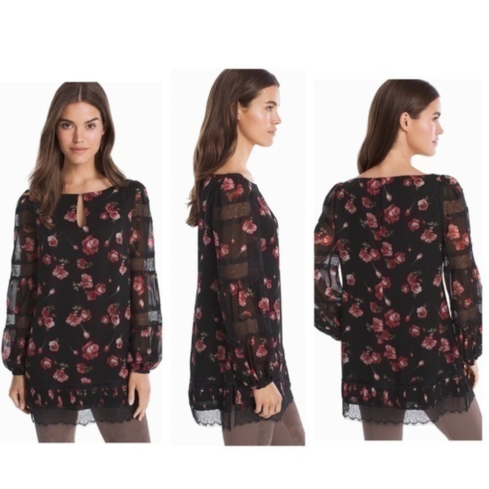 White House Black Market black floral Lace Trim Floral Tunic Blouse Top 10 AG14